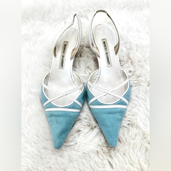RARE Manolo Blahnik light blue pony hair leather lace-up slingback heels 37 US 7 - Picture 12 of 12